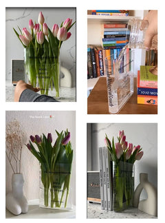 Puransen Clear Book Flowers Vase - Cute Bookshelf Decor; Unique Vase for Book Lovers, Artistic and Cultural Flavor Acrylic Vases for Home Office Decor, A Book About Flowers (Clear - B)