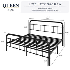 Allewie Queen Size Metal Platform Bed Frame with Victorian Style Wrought Iron-Art Headboard/Footboard, No Box Spring Required, Black