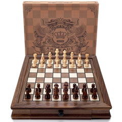 AMEROUS Magnetic Wooden Chess Set, 12.8" x 12.8" Walnut Chess Board Game with 2 Built-in Storage Drawers - 2 Bonus Extra Queens - Chess for Beginner, Kids and Adults, Gift Packaging
