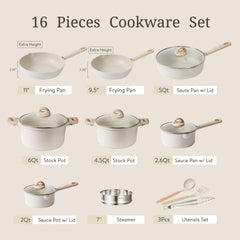 CAROTE 16pcs Pots and Pans Set Non Stick, Kitchen Cookware Sets, Large Capacity Granite Pots Set, Kitchen Induction Pots and Pans Cooking Sets, Beige
