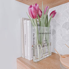 Puransen Clear Book Flowers Vase - Cute Bookshelf Decor; Unique Vase for Book Lovers, Artistic and Cultural Flavor Acrylic Vases for Home Office Decor, A Book About Flowers (Clear - B)