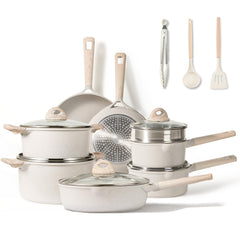 CAROTE 16pcs Pots and Pans Set Non Stick, Kitchen Cookware Sets, Large Capacity Granite Pots Set, Kitchen Induction Pots and Pans Cooking Sets, Beige