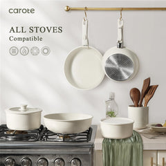CAROTE Pots and Pans Set Non Stick, Cookware Sets Nonstick, 11pcs Kitchen Set, Oven Safe, Induction Ready, Stackable Non-stick Set with Removable Handle, RV Set with Detachable Handle, Cream White