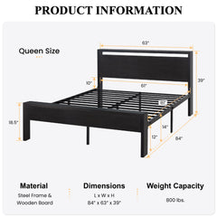 SHA CERLIN 14 Inch Queen Size Metal Platform Bed Frame with Wooden Headboard and Footboard, Mattress Foundation, No Box Spring Needed, Large Under Bed Storage, Non-Slip, Black Oak