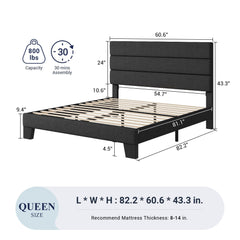 Allewie Queen Size Platform Bed Frame with Fabric Upholstered Headboard and Wooden Slats Support, Fully Upholstered Mattress Foundation/No Box Spring Needed/Easy Assembly, Dark Grey