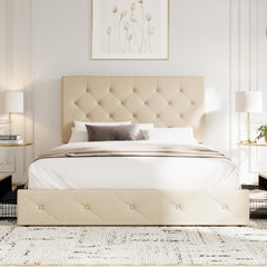 Allewie Upholstered Full Size Platform Bed Frame with 4 Storage Drawers and Headboard, Diamond Stitched Button Tufted, Mattress Foundation with Wooden Slats Support, No Box Spring Needed, Beige