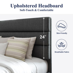 Allewie Queen Size Platform Bed Frame with Fabric Upholstered Headboard and Wooden Slats Support, Fully Upholstered Mattress Foundation/No Box Spring Needed/Easy Assembly, Dark Grey