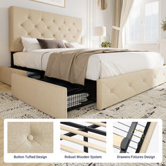 Allewie Upholstered Full Size Platform Bed Frame with 4 Storage Drawers and Headboard, Diamond Stitched Button Tufted, Mattress Foundation with Wooden Slats Support, No Box Spring Needed, Beige