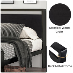 SHA CERLIN 14 Inch Queen Size Metal Platform Bed Frame with Wooden Headboard and Footboard, Mattress Foundation, No Box Spring Needed, Large Under Bed Storage, Non-Slip, Black Oak