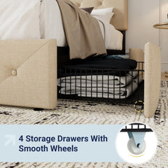 Allewie Upholstered Full Size Platform Bed Frame with 4 Storage Drawers and Headboard, Diamond Stitched Button Tufted, Mattress Foundation with Wooden Slats Support, No Box Spring Needed, Beige