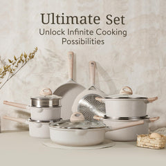 CAROTE 16pcs Pots and Pans Set Non Stick, Kitchen Cookware Sets, Large Capacity Granite Pots Set, Kitchen Induction Pots and Pans Cooking Sets, Beige