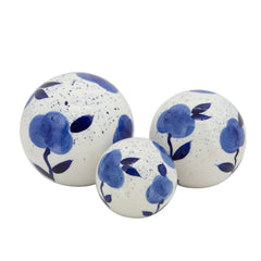 S/3 Flower Painted Orbs, 3/4/5" Blue