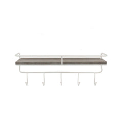 Metal/Wood 20" 5 Hook Wall Shelf, White/Gray