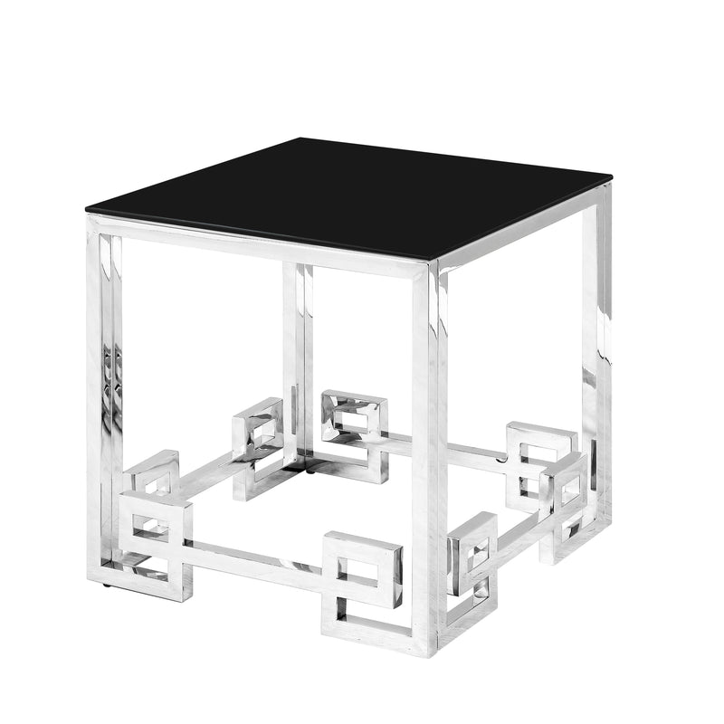 Stainless Steel End Table, Silver/Black Glass