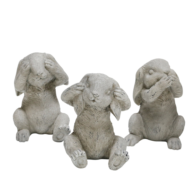 S/3 Polyresin No Hear/Speak/See Bunnies, Gray