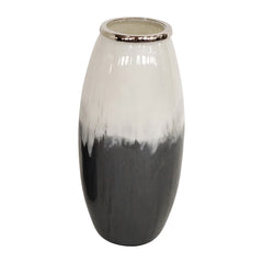 Glass 17" Vase W/ Metal Rim, White/Black