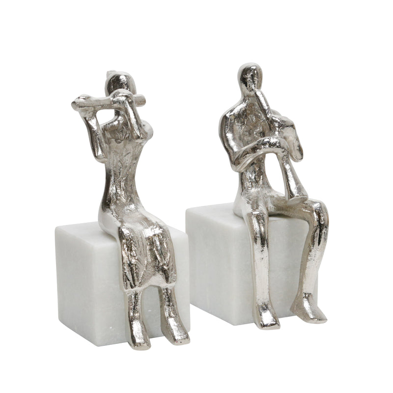 S/2 Metal Musicians On Marble Base, Silver