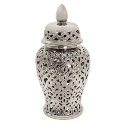 Ceramic 24" Cut-Out Temple Jar, Shiny Silver