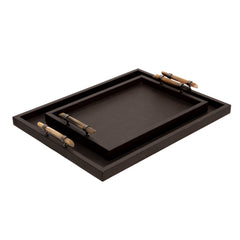 Wood S/2 14/18" Faux Leather Tray, Brown