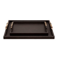 Wood S/2 14/18" Faux Leather Tray, Brown