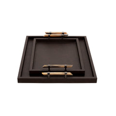 Wood S/2 14/18" Faux Leather Tray, Brown