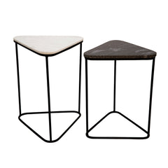 S/2 Metal/Marble Triangle Side Tables, Blk/Wht