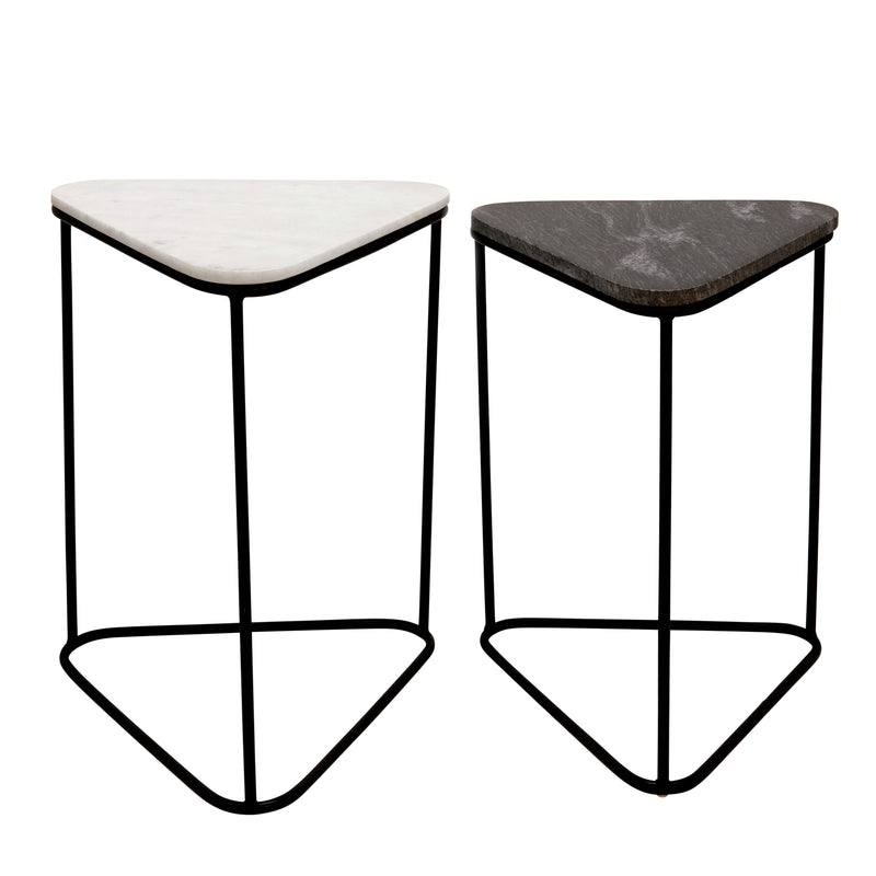 S/2 Metal/Marble Triangle Side Tables, Blk/Wht