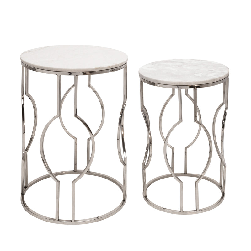 S/2 Metal/Marble Round Tables, Silver