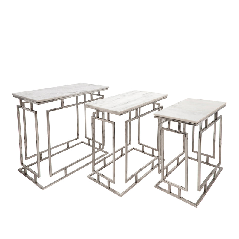 S/3 Metal/Marble Side Tables, Silver