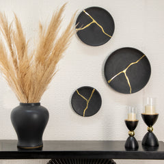 13" Round Wall Art W/ Gold Inlay, Charcoal