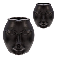 14" Metal Decorative Face Vase, Black