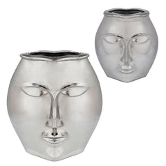 14" Metal Decorative Face Vase, Silver