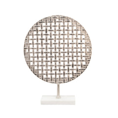 21" Metal Round Mesh Deco On Marble Base, Silver