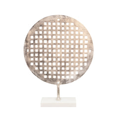 21" Metal Round Mesh Deco On Marble Base, Silver