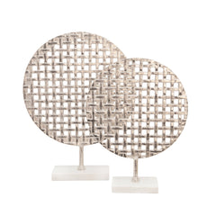 21" Metal Round Mesh Deco On Marble Base, Silver