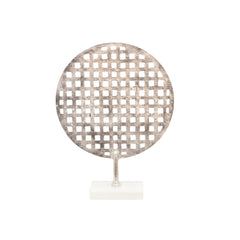 18" Metal Round Mesh Deco On Marble Base, Silver