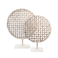 18" Metal Round Mesh Deco On Marble Base, Silver