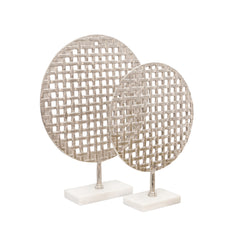 18" Metal Round Mesh Deco On Marble Base, Silver