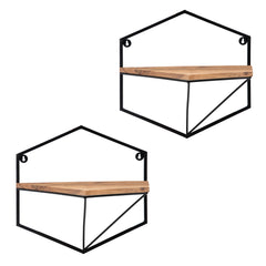 S/2 Metal/Wood, Hexagon Wall Shelves, Brown