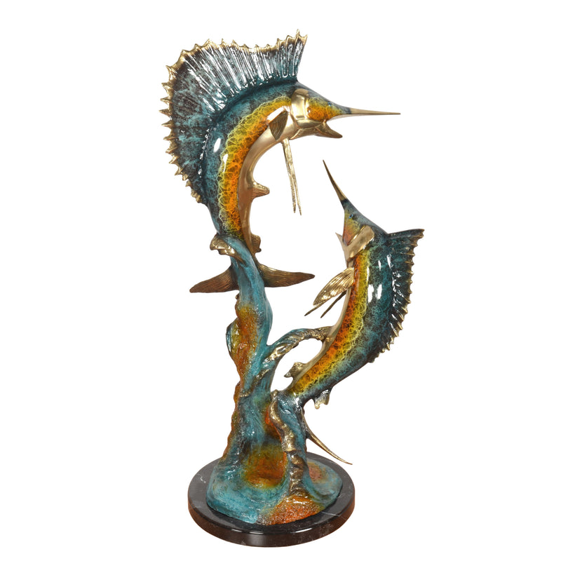 AFD Home Two Swordfish with Coral on Marble Base in Special Patina