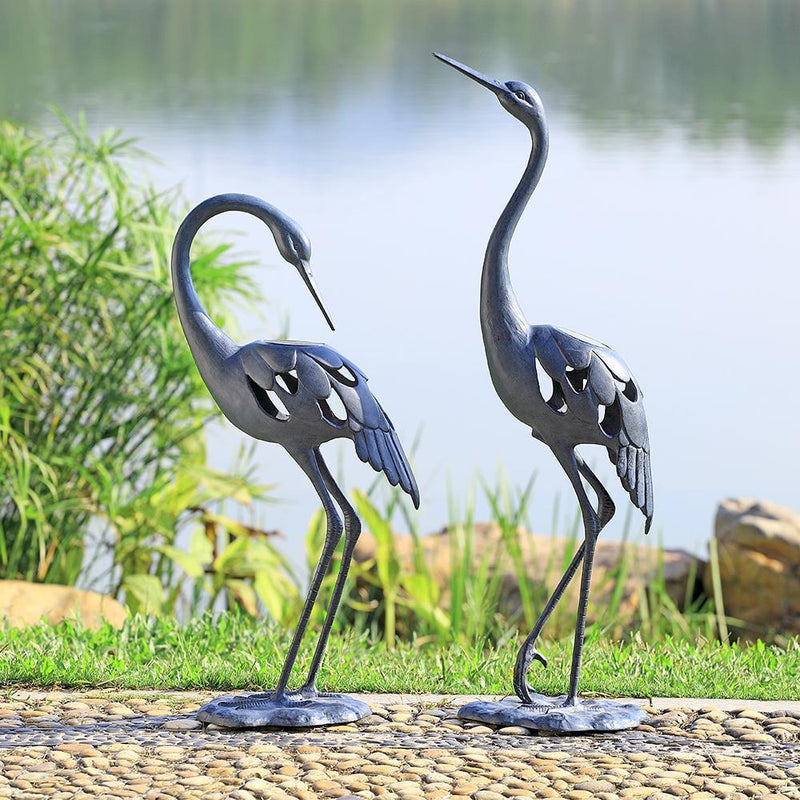 Crane Pair LED Garden Sculptures-Iron Home Concepts