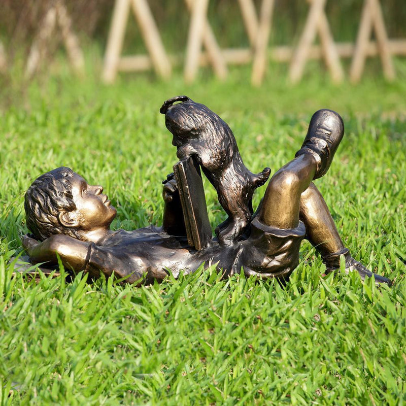 Impatience Boy & Dog Garden Sculpture-Iron Home Concepts