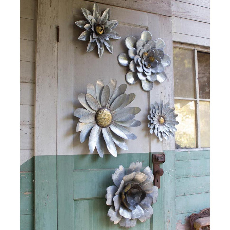 Kalalou Galvanized Metal Flower Wall Hangings Set Of 5-Iron Home Concepts