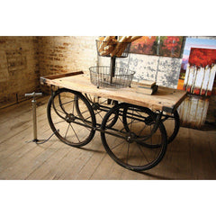 Kalalou Recycled Wood & Iron Rolling Vendor Cart With Bicycle Tire Pump-Iron Home Concepts