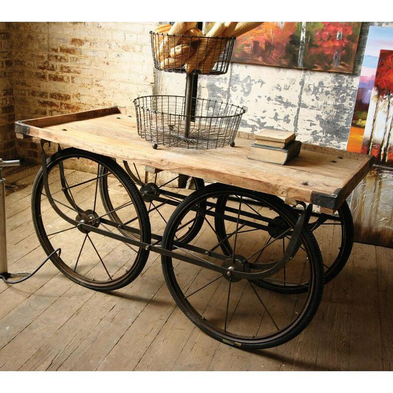 Kalalou Recycled Wood & Iron Rolling Vendor Cart With Bicycle Tire Pump-Iron Home Concepts