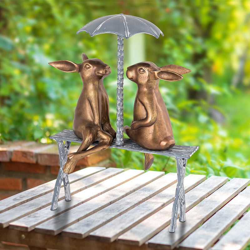 Romantic Rabbit Pair on Bench Garden Decor-Iron Home Concepts