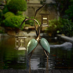 Stylized Crane Pair LED Garden Lantern Statue-Iron Home Concepts