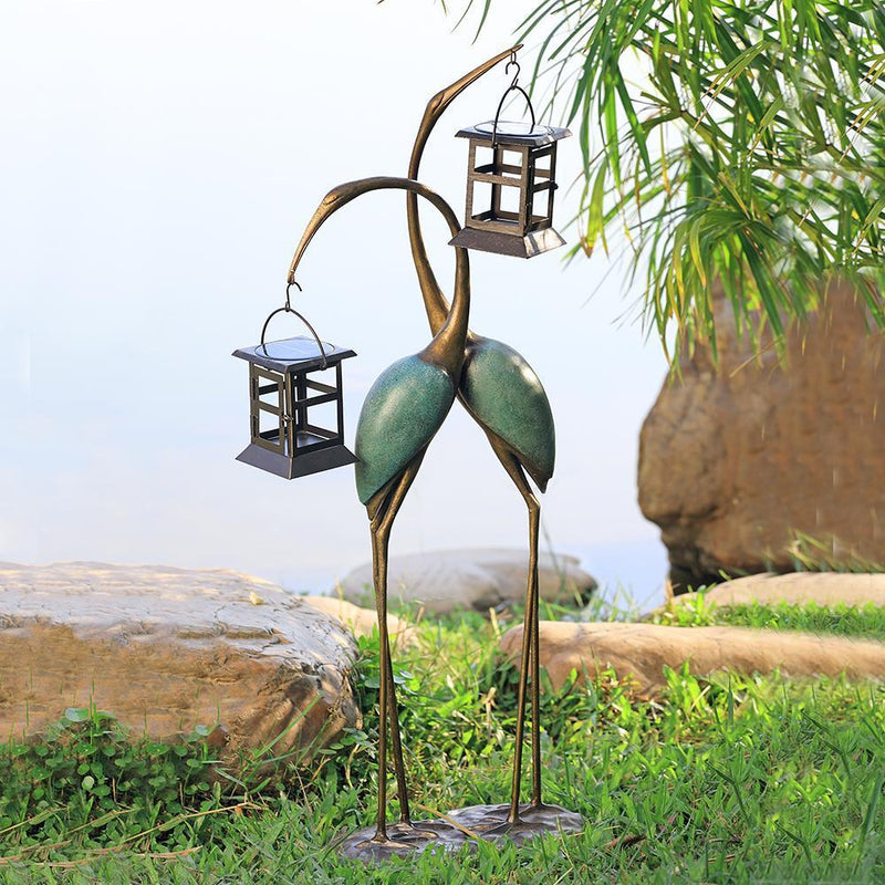 Stylized Crane Pair LED Garden Lantern Statue-Iron Home Concepts